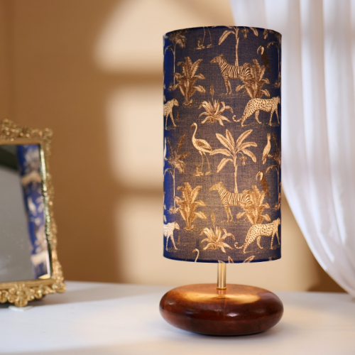 Mango Wood Table Lamp, Savanna Blues Fabric Shade - RIO Collection