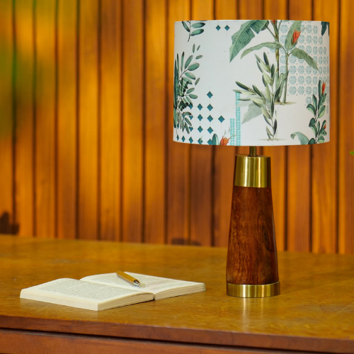 Mango Wood Table Lamp, Green Tropical Fabric Shade - RIO Collection