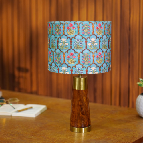 Mango Wood Table Lamp, Teal Garlands Fabric Shade - RIO Collection