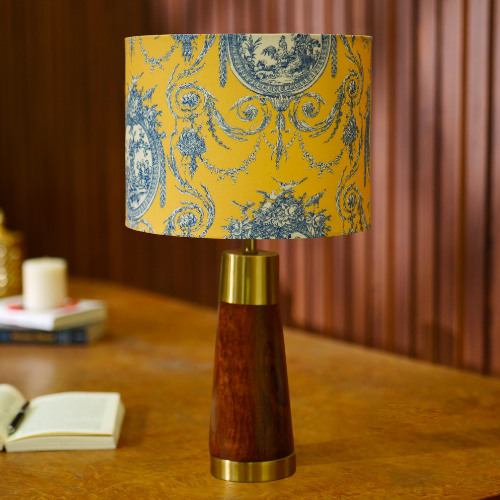 Mango Wood Table Lamp, Yellow Victorian Fabric Shade - RIO Collection