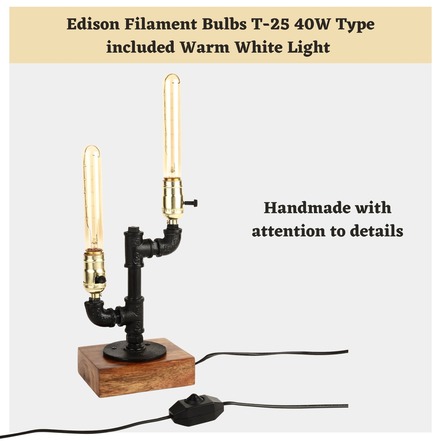 Handcrafted industrial table lamp with a pipe-inspired design, featuring Edison filament bulbs (T-25 40W type) that emit warm white light, set on a polished wooden base