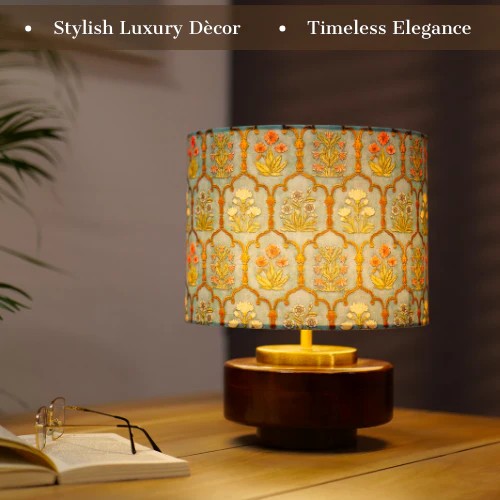Mango Wood Table Lamp, Teal Garlands Fabric Shade - RIO Collection