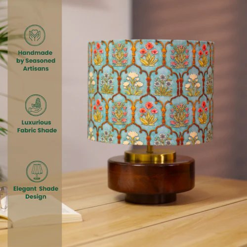 Mango Wood Table Lamp, Teal Garlands Fabric Shade - RIO Collection