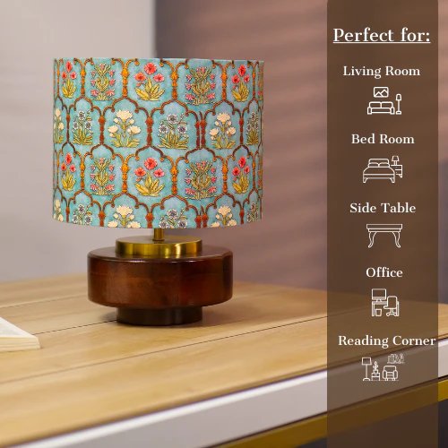 Mango Wood Table Lamp, Teal Garlands Fabric Shade - RIO Collection