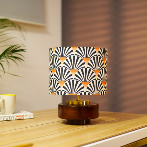 Mango Wood Table Lamp, Orange Zebra Fabric Shade - RIO Collection