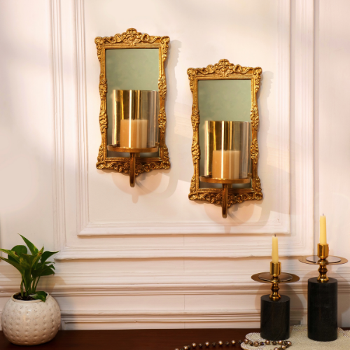 Wall Hanging Gold Mirror Candle Holders with Glass Hurricanes, Set of 2