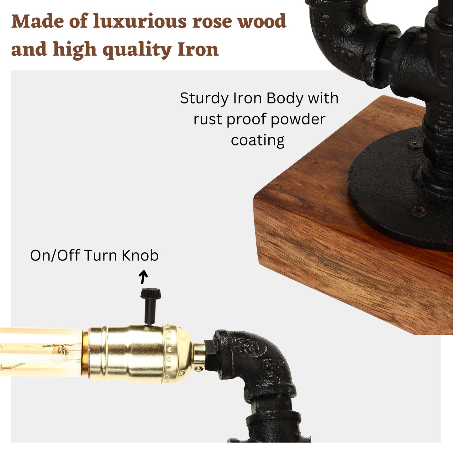 Industrial table lamp made of luxurious rosewood and high-quality iron. Features include a sturdy iron body with a rust-proof powder coating, a polished wooden base, and an easy-to-use on/off turn knob for convenience