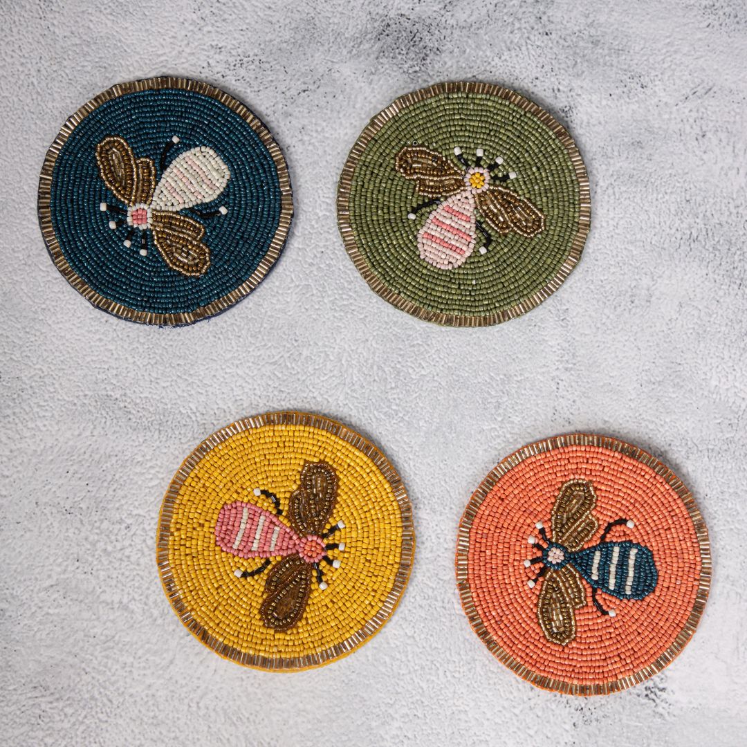 Honey Bee Coaster Set – Handcrafted Wooden Drink Mats for Tables