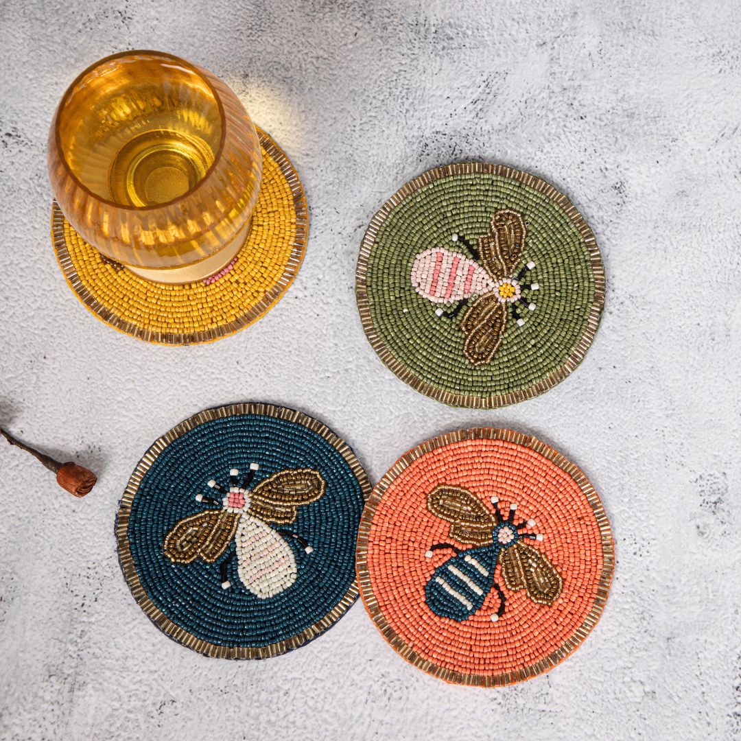 Honey Bee Coaster Set – Handcrafted Wooden Drink Mats for Tables
