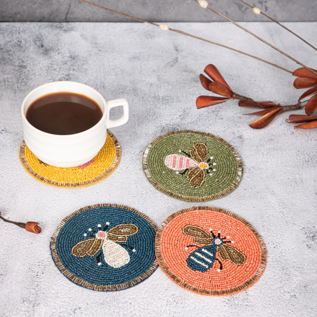 Honey Bee Coaster Set – Handcrafted Wooden Drink Mats for Tables