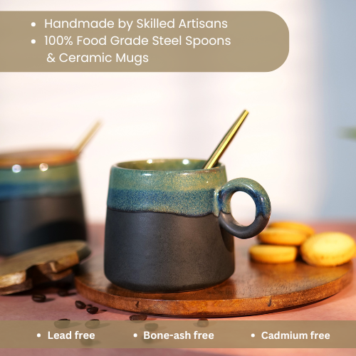Handmade by skilled Artisans 100% food Grade steel Spoons & Ceramic Mugs