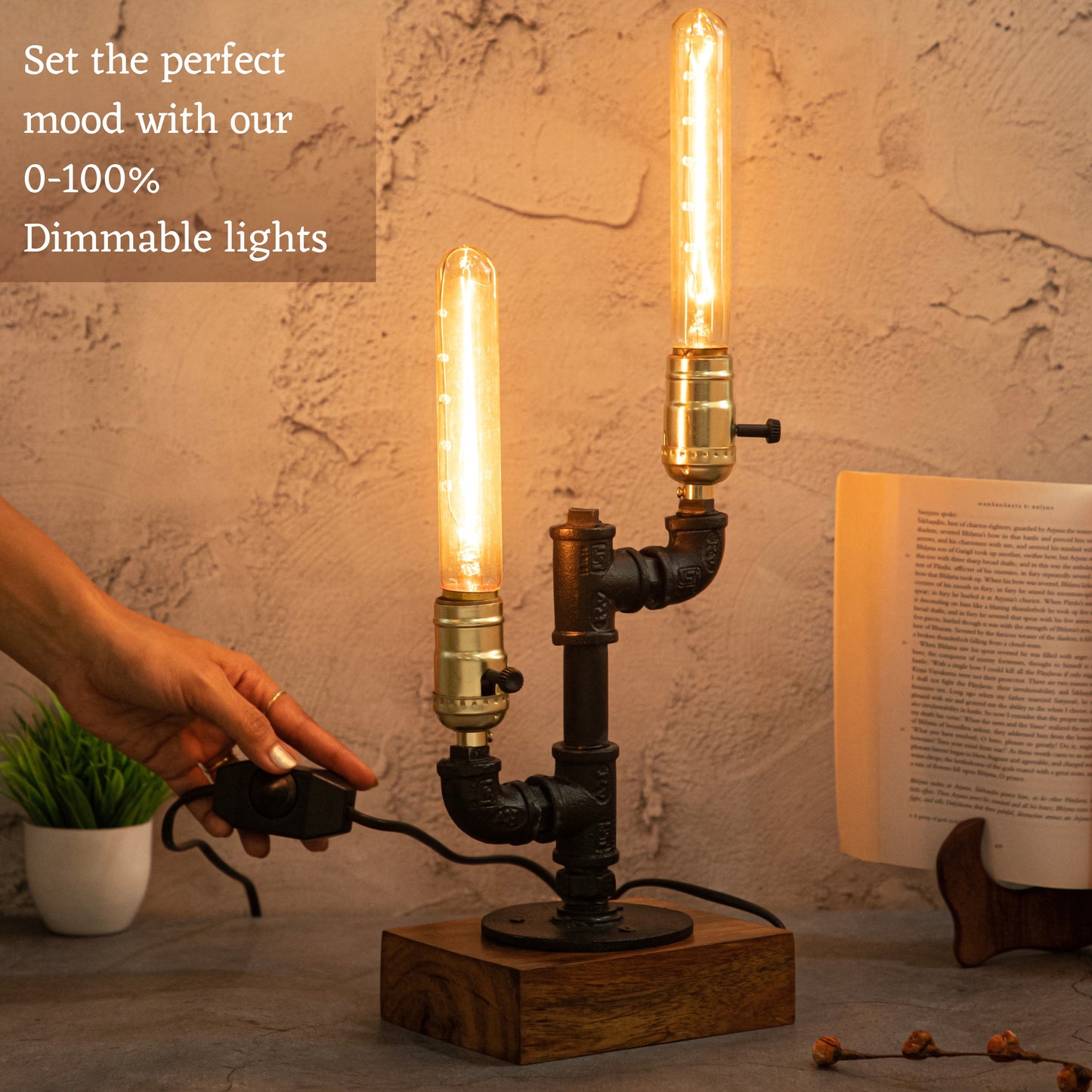 This industrial-style table lamp offers adjustable brightness with its 0-100% dimmable lights, making it perfect for setting the ideal ambiance. The sturdy design features luxurious rosewood and high-quality iron, blending functionality with a modern aesthetic