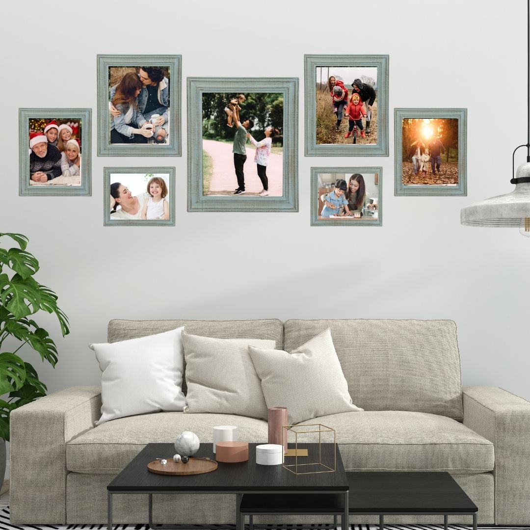Wooden Green-Gold Distressed Photo Frames Set of 7
