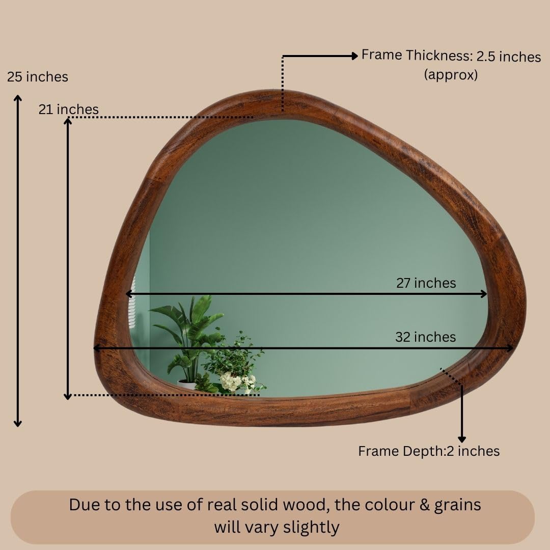 Dimensions of an asymmetrical wooden-framed mirror with measurements for height, width, depth, and thickness detailed