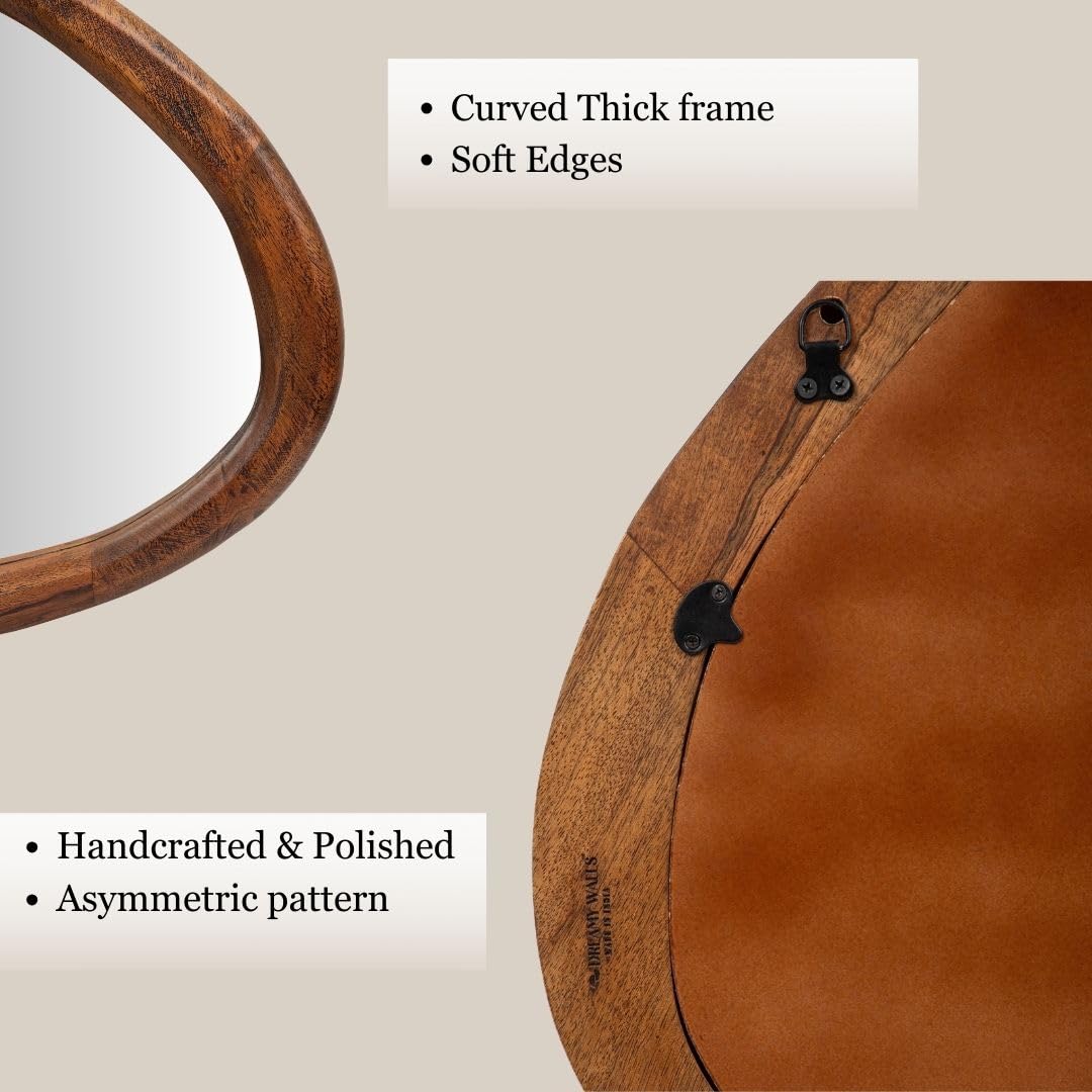 Close-up of a handcrafted mirror with a curved thick wooden frame, soft edges, asymmetric pattern, and polished finish, showing both front and back details