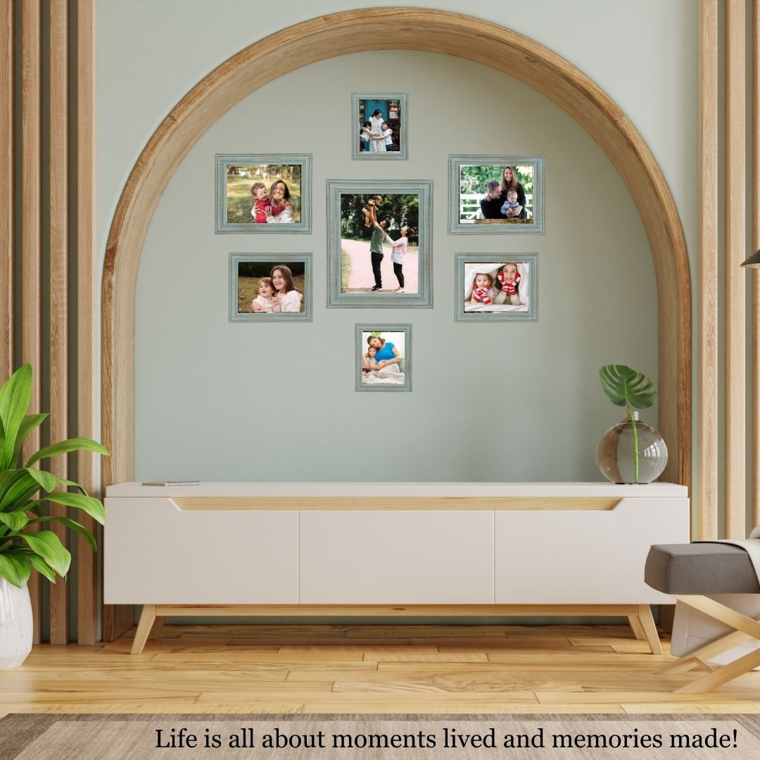 Wooden Green-Gold Distressed Photo Frames Set of 7