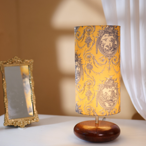 Mango Wood Table Lamp, Yellow Victorian Fabric Shade - RIO Collection