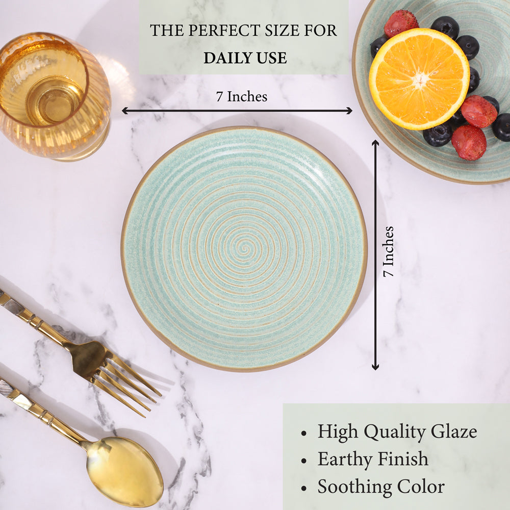 Green ceramic plate with a 7-inch diameter, showcasing a high-quality glaze, earthy finish, and soothing color.