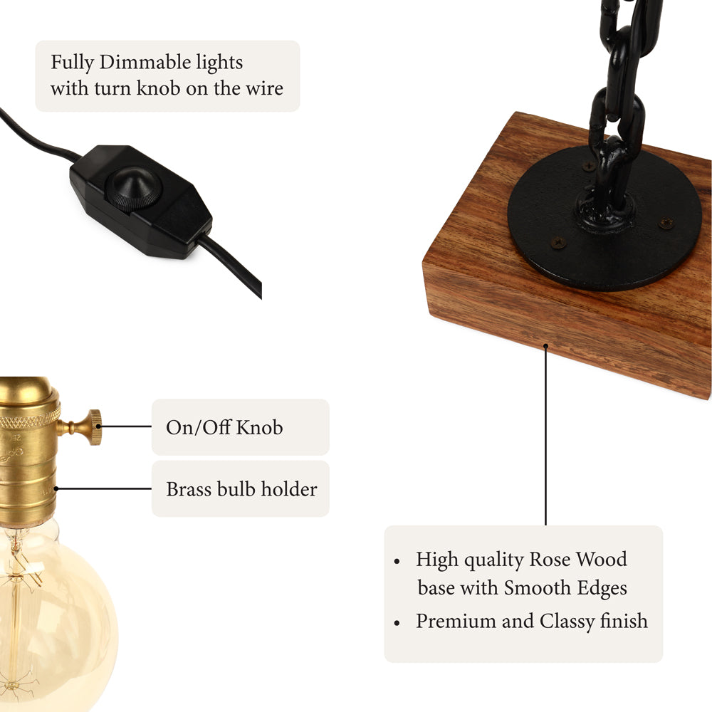 Close-up of lamp features, including dimmable knob, brass bulb holder, rosewood base with smooth edges, and premium chain design