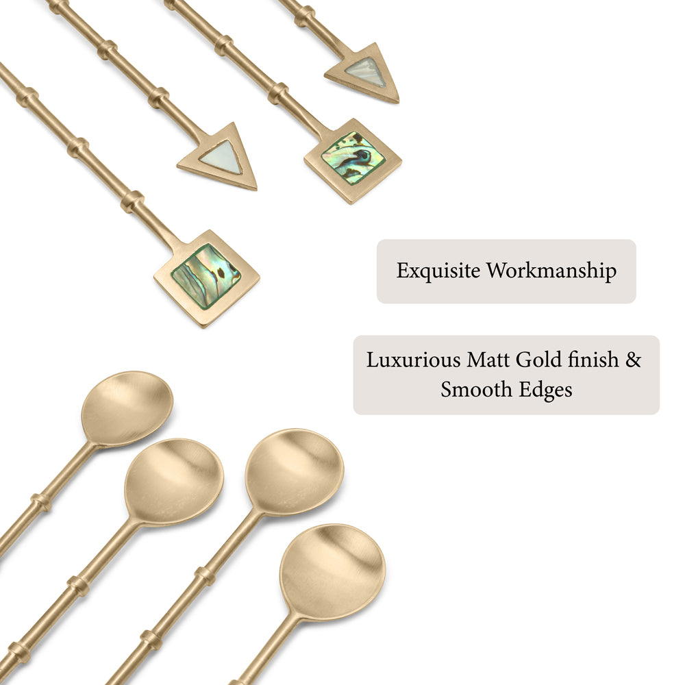 Set of gold-tone spoons with bamboo-inspired handles and geometric, abalone-inlaid accents, featuring a luxurious matte finish and smooth edges