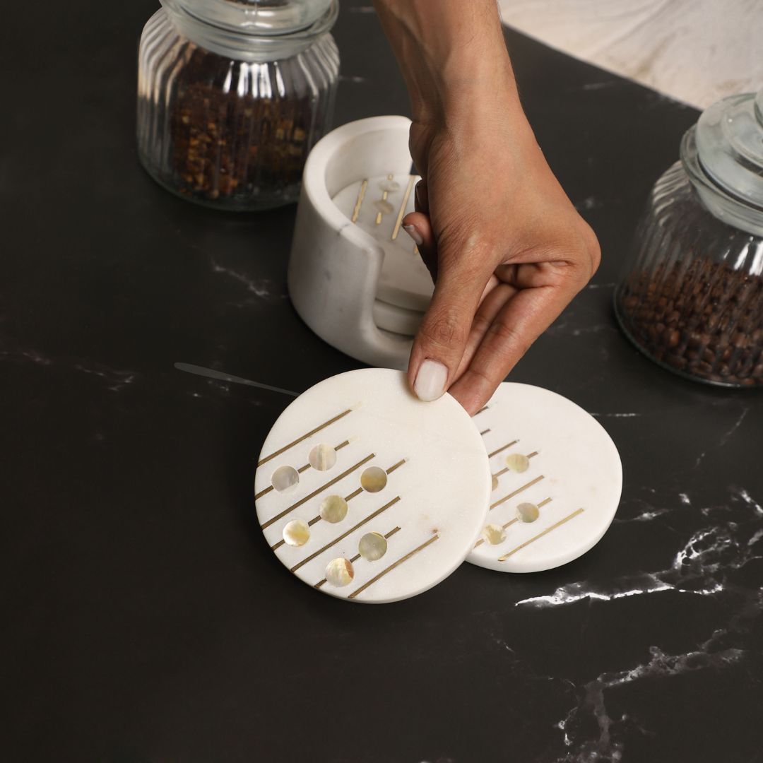 Marble & Mother-of-Pearl Coasters with Brass Inlay