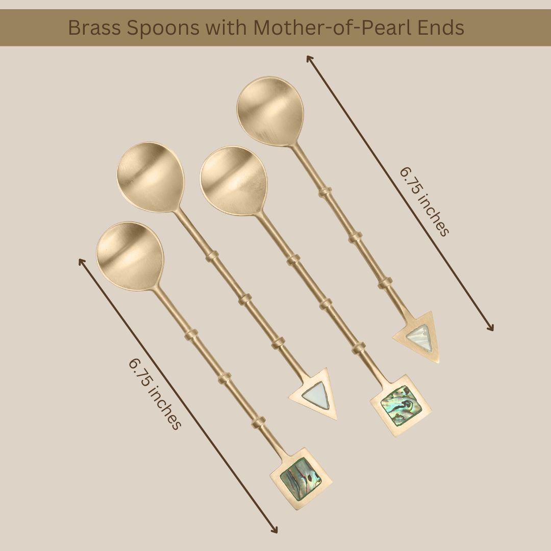 Brass spoons with 6.75-inch handles, featuring mother-of-pearl geometric accents at the ends, displayed on a beige background with labeled measurements