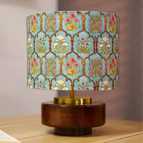 Mango Wood Table Lamp, Teal Garlands Fabric Shade - RIO Collection
