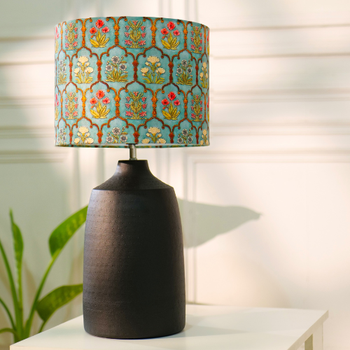 Black Metal Table Lamp, Teal Garlands Fabric Shade - RIO Collection