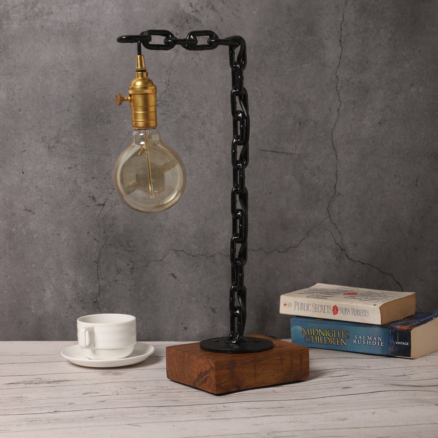 Close-up of lamp features, including dimmable knob, brass bulb holder, rosewood base with smooth edges, and premium chain design