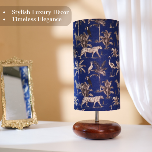 Mango Wood Table Lamp, Savanna Blues Fabric Shade - RIO Collection