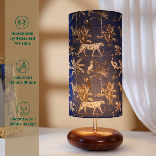 Mango Wood Table Lamp, Savanna Blues Fabric Shade - RIO Collection