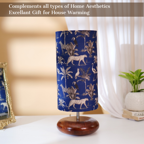 Mango Wood Table Lamp, Savanna Blues Fabric Shade - RIO Collection