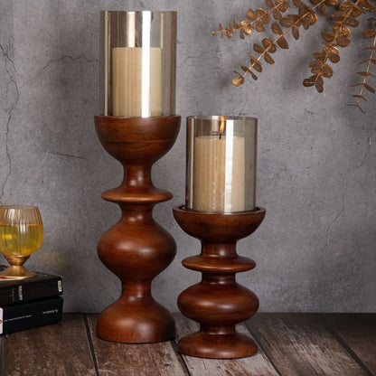 Wooden Candle Stands Curvy with Glass Hurricane