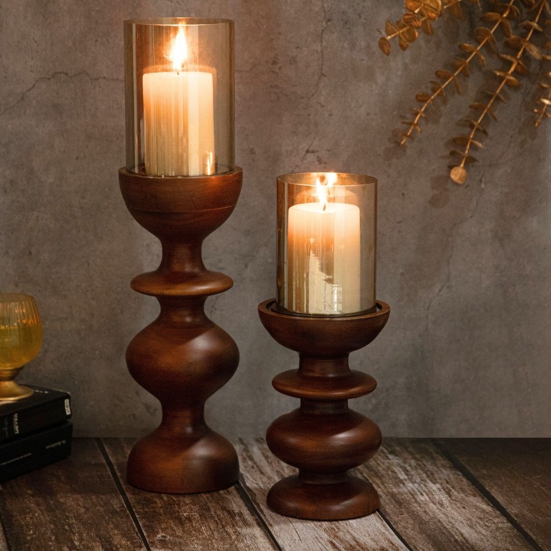 Wooden Candle Stands Curvy with Glass Hurricane