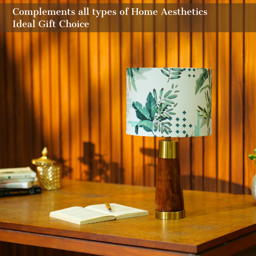 Mango Wood Table Lamp, Green Tropical Fabric Shade - RIO Collection
