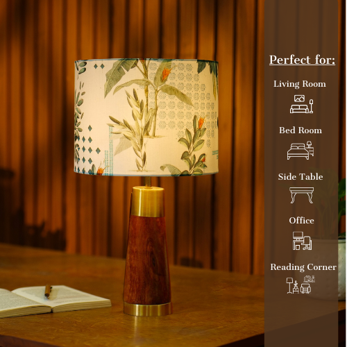 Mango Wood Table Lamp, Green Tropical Fabric Shade - RIO Collection
