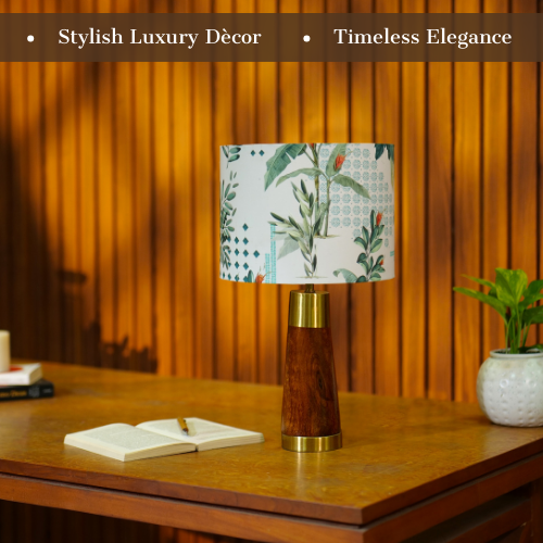 Mango Wood Table Lamp, Green Tropical Fabric Shade - RIO Collection