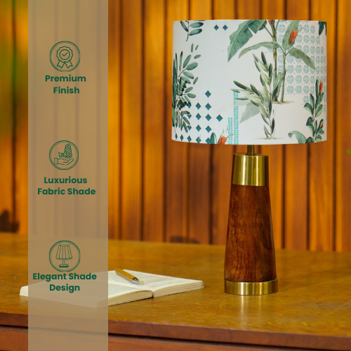 Mango Wood Table Lamp, Green Tropical Fabric Shade - RIO Collection