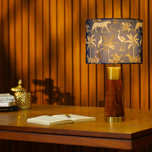 Mango Wood Table Lamp, Savanna Blues Fabric Shade - RIO Collection