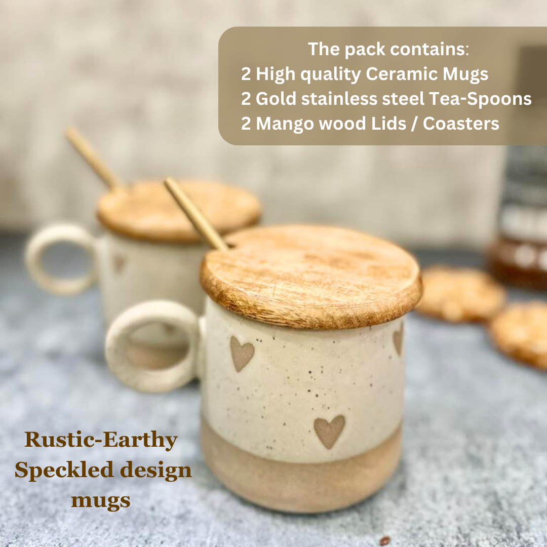 The Pack contains  
High quality ceramic Mugs 
Gold stainless  steel tea spoons 
Mango Wood Lids /Coasters design mugs