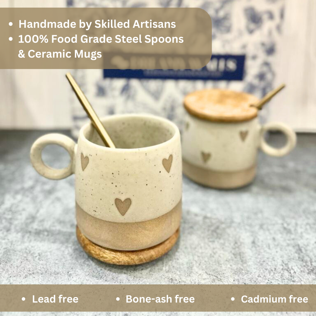 Handmade by skilled Artisans 
100% Food Grade steel Spoons & Ceramic Mugs