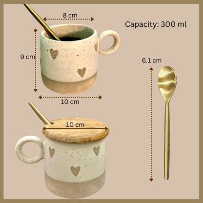 Ceramic mug with heart patterns, 300ml capacity, wooden lid, 10x9 cm dimensions, paired with a 6.1 cm golden spoon