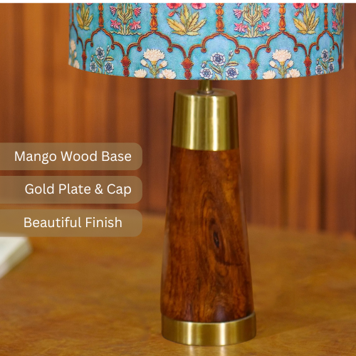 Mango Wood Table Lamp, Teal Garlands Fabric Shade - RIO Collection