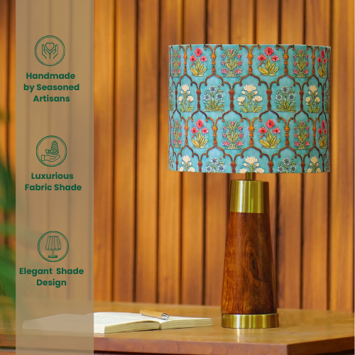 Mango Wood Table Lamp, Teal Garlands Fabric Shade - RIO Collection