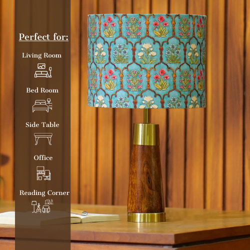 Mango Wood Table Lamp, Teal Garlands Fabric Shade - RIO Collection