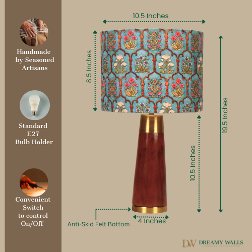 Mango Wood Table Lamp, Teal Garlands Fabric Shade - RIO Collection