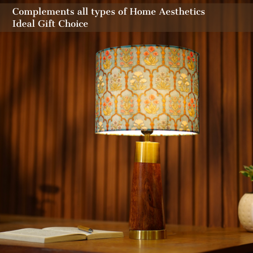 Mango Wood Table Lamp, Teal Garlands Fabric Shade - RIO Collection