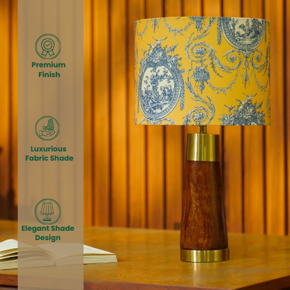 Mango Wood Table Lamp, Yellow Victorian Fabric Shade - RIO Collection