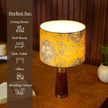 Mango Wood Table Lamp, Yellow Victorian Fabric Shade - RIO Collection