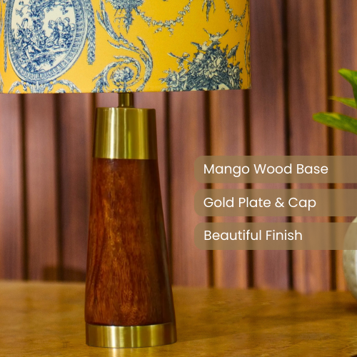Mango Wood Table Lamp, Yellow Victorian Fabric Shade - RIO Collection